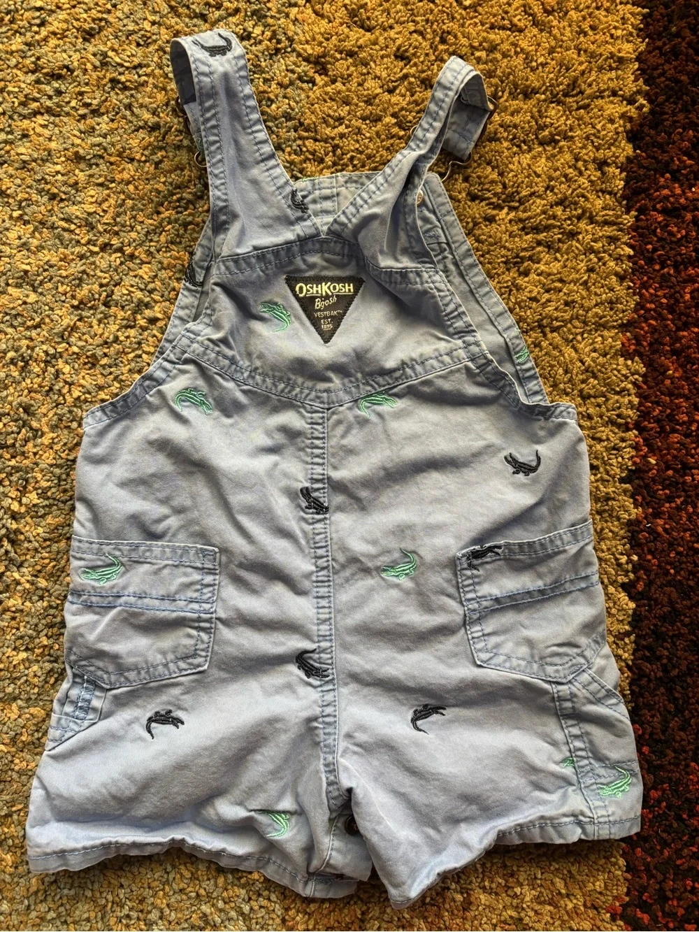 OshKosh B'gosh Blue overalls crocodile pattern bib pocket 12-18 Months